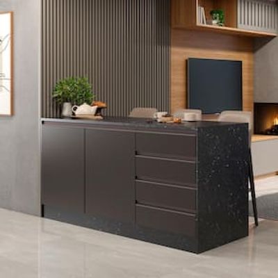 Bancada Bartira Gourmet com 2 Portas, 4 Gavetas e 1 Prateleira - 180,6cm de largura Preto