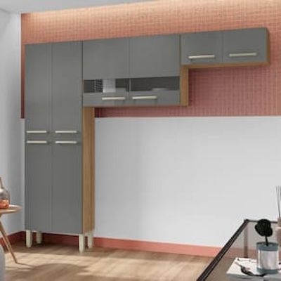 Cozinha Compacta Kit`s Paraná Nala com 8 Portas e 4 Prateleiras - 222cm de largura Cinza