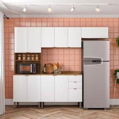 Cozinha Completa Bartira Joy com 11 Portas, 2 Gavetas, 5 Prateleiras e Nicho para Micro-ondas - 244,5cm de largura Branco