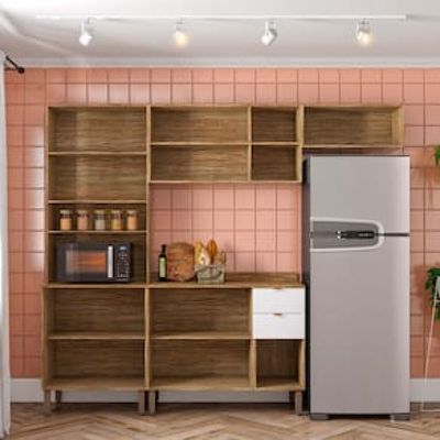 Cozinha Completa Bartira Joy com 11 Portas, 2 Gavetas, 5 Prateleiras e Nicho para Micro-ondas - 244,5cm de largura Branco