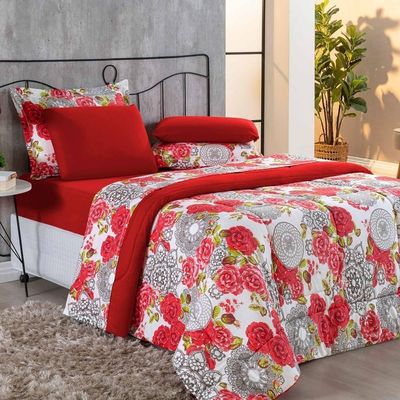Kit Edredom Malha 100% Algodão Primavera 2 Peças Solteiro - Floral Vermelho