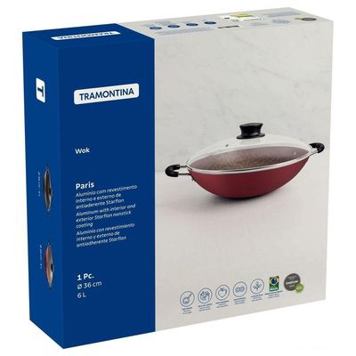 Wok Tramontina Paris Antiaderente Starflon Max Vermelho Com Tampa De Vidro 36 Cm 6,0 L Tramontina