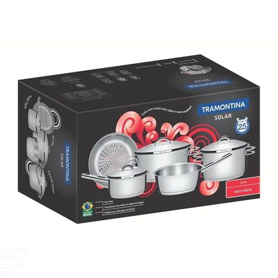 Jogo De Panelas Tramontina Solar Em Aço Inox Com Fundo Triplo E Tampas De Inox 5 Peças Tramontina