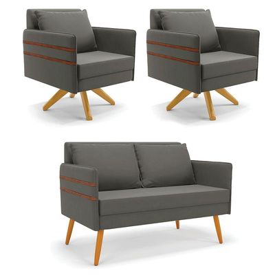 Kit 01 Namoradeira 02 Lugares E 02 Poltronas Mari Suede Base De Madeira Ma30 - D'Rossi Grafite