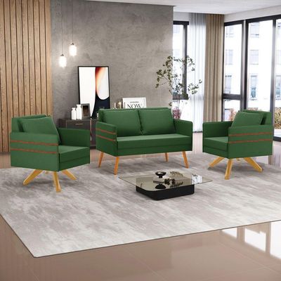 Kit 01 Namoradeira 02 Lugares E 02 Poltronas Mari Suede Base De Madeira Ma30 - D'Rossi Verde