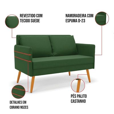 Kit 01 Namoradeira 02 Lugares E 02 Poltronas Mari Suede Base De Madeira Ma30 - D'Rossi Verde
