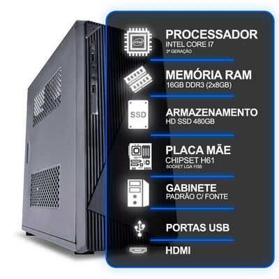 Computador Desktop, Intel Core I7 3º Geração, 16gb Ram, Hd Ssd 480gb, Conexões Usb/vga/hdmi/lan/som