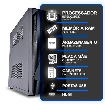 Computador Desktop, Intel Core I7 2º Geração, 8gb Ram, Hd Ssd 480gb, Conexões Usb/vga/hdmi/lan/som