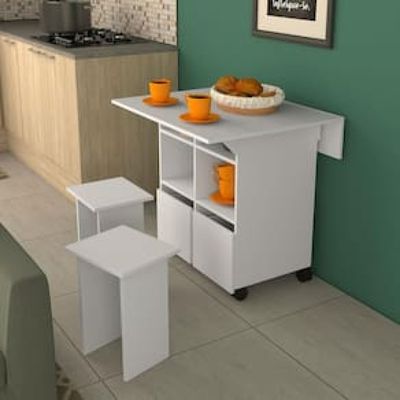 Mesa Nova Móbile Moove com 4 Bancos, Prateleira e Tampo Dobrável Branco