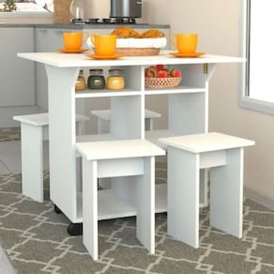 Mesa Nova Móbile Moove com 4 Bancos, Prateleira e Tampo Dobrável Branco