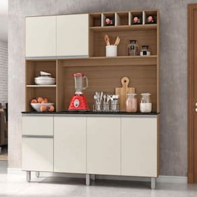 Cozinha Compacta Poliman Alice com 6 Portas, 1 Gaveta e 2 Prateleiras - 160cm de largura Bege