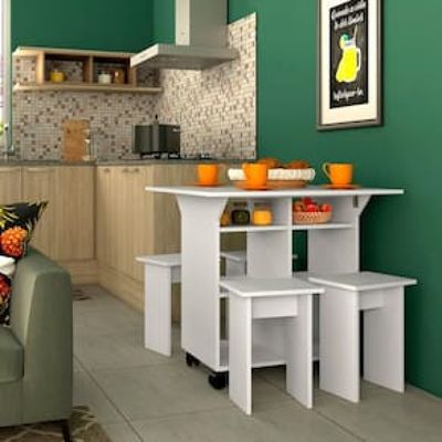 Mesa Nova Móbile Moove com 4 Bancos, Prateleira e Tampo Dobrável Branco