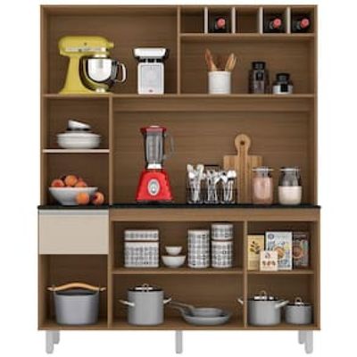 Cozinha Compacta Poliman Alice com 6 Portas, 1 Gaveta e 2 Prateleiras - 160cm de largura Bege