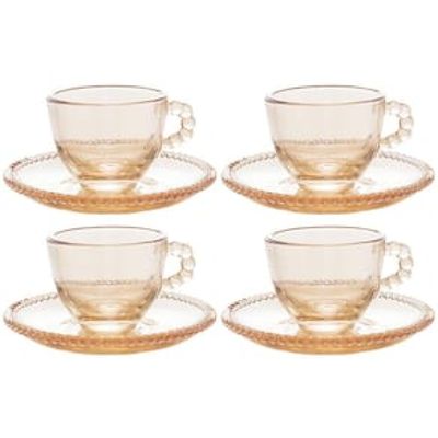 Conjunto com 4 Xícaras e Pires para Café Wolff Pearl em Cristal Âmbar - 80 ml
