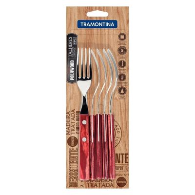 Conjunto De Garfos De Mesa 6 Peças Em Aço Inox E Cabos Em Madeira Polywood Vermelho