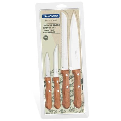 Jogo De Facas Dynamic Com Lâminas Em Aço Inox E Cabos De Madeira Natural 4 Peças