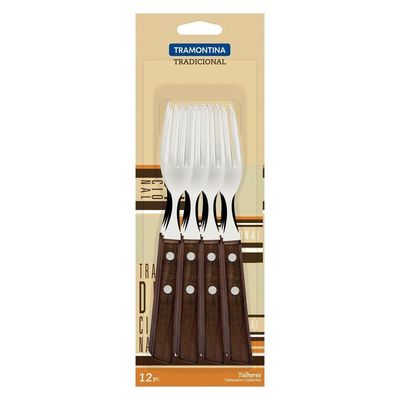 Conjunto De Garfos De Mesa Tradicional Com Lâminas Em Aço Inox E Cabos De Madeira Natural