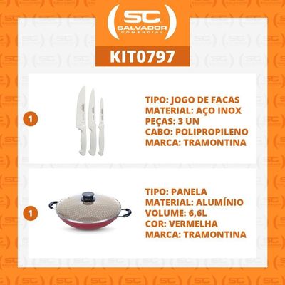 Kit - Faqueiro Premium 3 Peças + 1 Panela Wok 36cm Vermelha - Tramontina