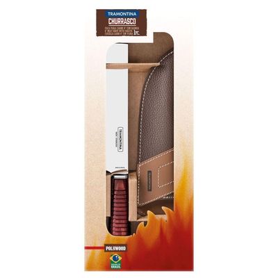 Faca Tramontina Para Carne 8" Em Aço Inox E Cabo Vermelho Polywood Com Bainha De Couro Tramontina
