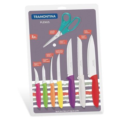 Jogo De Facas Plenus Com Lâminas Em Aço Inox E Cabos De Polipropileno Colorido 8 Peças