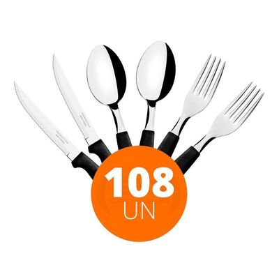 Kit - Jogo De Facas, Garfos E Colheres Ipanema 108 Peças Em Aço Inox Cabo Preto Ptop - Tramontina