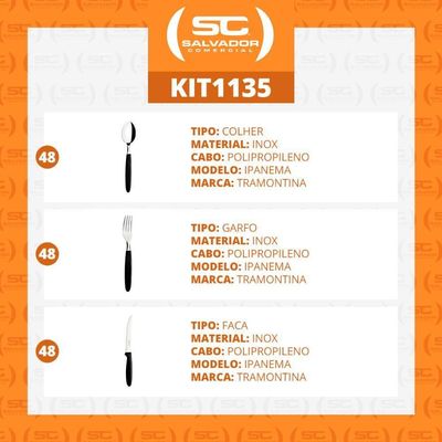 Kit - Jogo De Facas, Garfos E Colheres Ipanema 144 Peças Em Aço Inox Cabo Preto Ptop - Tramontina