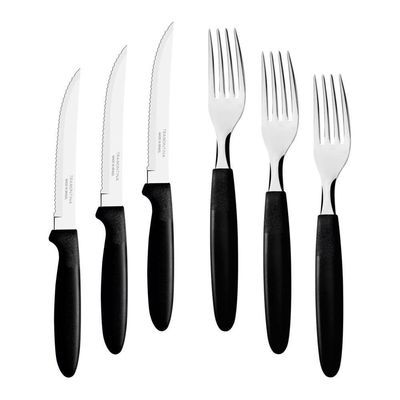 Kit - Jogo De Faca E Garfo Ipanema 96 Peças Em Aço Inox Cabo Preto Ptop - Tramontina