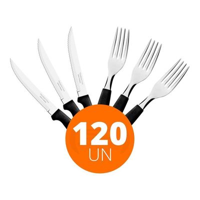Kit - Jogo De Faca E Garfo Ipanema 120 Peças Em Aço Inox Cabo Preto Ptop - Tramontina