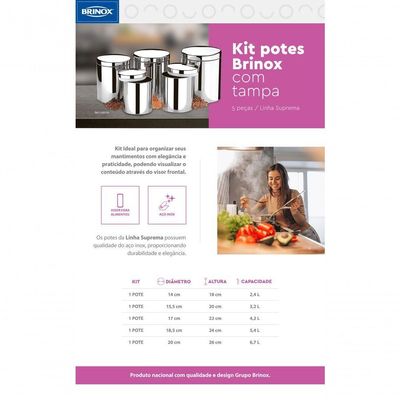 Conjunto De Potes Porta Mantimentos Com Tampa Brinox Suprema 5 Peças Inox