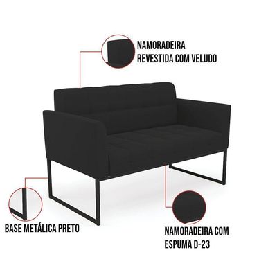 Kit 1 Sofá Namoradeira E 1 Poltrona Elisa Veludo Base Metálica Industrial Preto - D'rossi Cor Preto