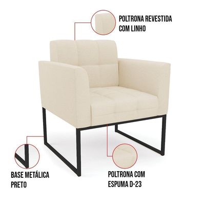Kit 1 Sofá Namoradeira E 2 Poltronas Linho Base Metálica Industrial Preto - D'rossi Cor A19 Bege