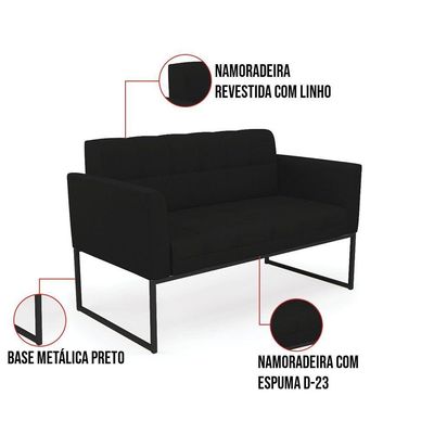Kit 1 Sofá Namoradeira E 2 Poltronas Linho Base Metálica Industrial Preto - D'rossi Cor A79 Preto