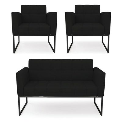 Kit 1 Sofá Namoradeira E 2 Poltronas Linho Base Metálica Industrial Preto - D'rossi Cor A79 Preto