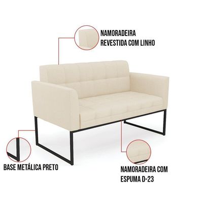 Kit 1 Sofá Namoradeira E 2 Poltronas Linho Base Metálica Industrial Preto - D'rossi Cor A19 Bege
