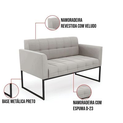 Kit 1 Sofá Namoradeira E 1 Poltrona Elisa Veludo Cinza Base Metálica Industrial Preto - D'rossi