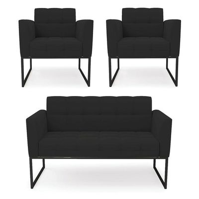 Kit 1 Sofá Namoradeira E 2 Poltronas Elisa Veludo Preto Base Metálica Industrial Preto - D'rossi