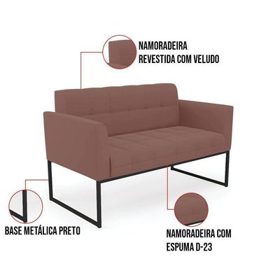 Kit 1 Sofá Namoradeira E 1 Poltrona Elisa Veludo Rosê Base Metálica Industrial Preto - D'rossi