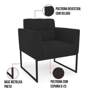 Kit 1 Sofá Namoradeira E 2 Poltronas Elisa Veludo Preto Base Metálica Industrial Preto - D'rossi