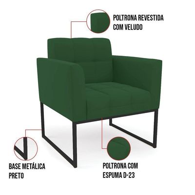 Kit 1 Sofá Namoradeira E 2 Poltronas Elisa Veludo Base Metálica Industrial Preto - D'rossi Cor Verde