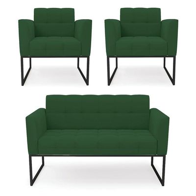 Kit 1 Sofá Namoradeira E 2 Poltronas Elisa Veludo Base Metálica Industrial Preto - D'rossi Cor Verde