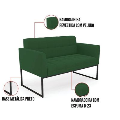 Kit 1 Sofá Namoradeira E 2 Poltronas Elisa Veludo Base Metálica Industrial Preto - D'rossi Cor Verde