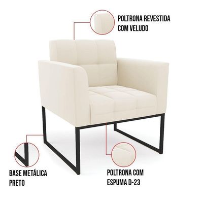 Poltrona Elisa Veludo Bege Base Metálica Industrial Preto - D'rossi