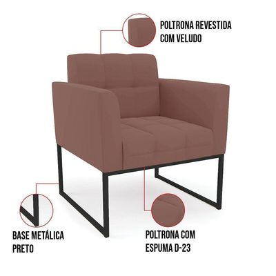 Poltrona Elisa Veludo Rosê Base Metálica Industrial Preto - D'rossi