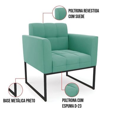 Poltrona Elisa Suede Base Metálica Industrial Preto - D'rossi Cor Azul Turquesa