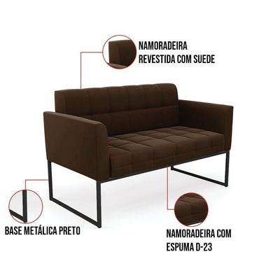 Kit 1 Sofá Namoradeira E 1 Poltrona Elisa Suede Base Metálica Industrial Preto - D'rossi Cor Marrom