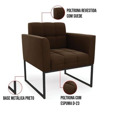 Kit 1 Sofá Namoradeira E 2 Poltronas Elisa Suede Base Metálica Industrial Preto - D'rossi Cor Marrom