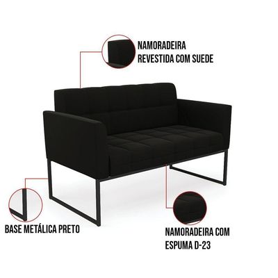 Kit 1 Sofá Namoradeira E 2 Poltronas Elisa Suede Preto Base Metálica Industrial Preto - D'rossi
