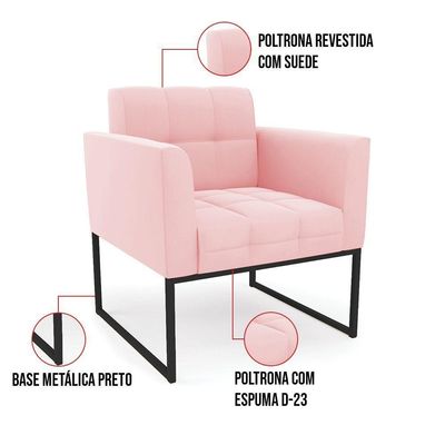 Poltrona Elisa Suede Rosa Bebê Base Metálica Industrial Preto - D'rossi