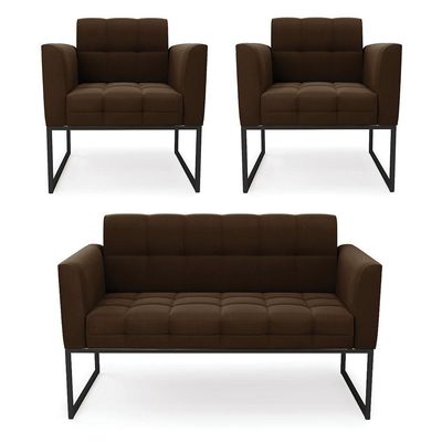 Kit 1 Sofá Namoradeira E 2 Poltronas Elisa Suede Base Metálica Industrial Preto - D'rossi Cor Marrom