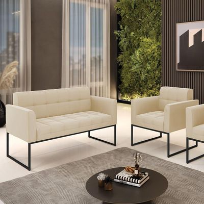 Kit 1 Sofá Namoradeira E 1 Poltrona Elisa Suede Base Metálica Industrial Preto - D'rossi Cor Bege